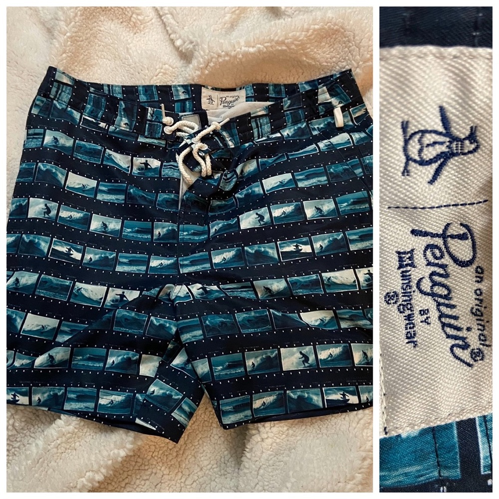 Penguin Surf Scenes Men’s Swim Trunks 32